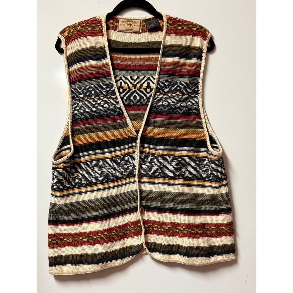 New River Co Vintage Southwestern Knit Vest Multi-Color Ramie Cotton Mens Large